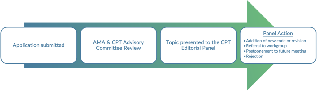 Arrow graphic explaining the process: Application submitted, AMA & CPT Advisory Committee Review, Topic presented to the CPT Editorial Panel, Panel Action